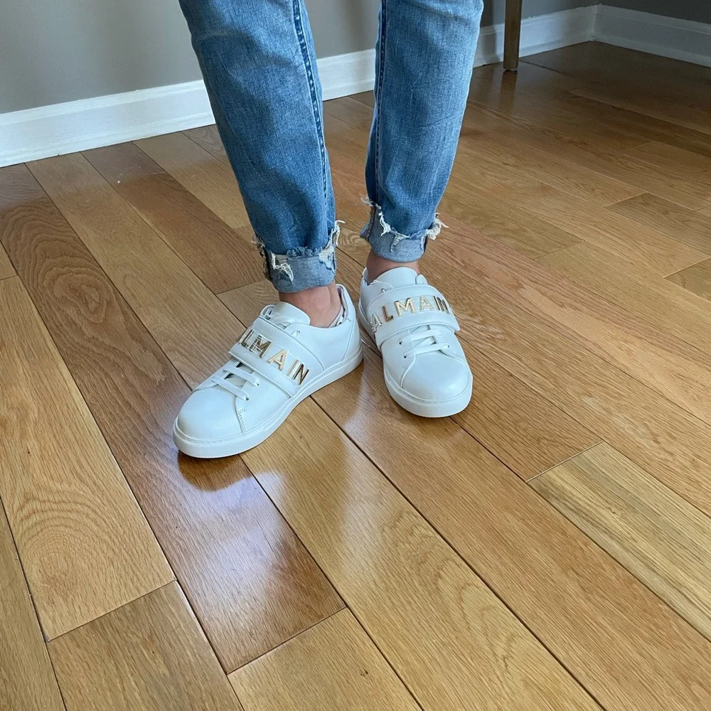 Balmain White Leather Sneakers with Gold Logo Strap